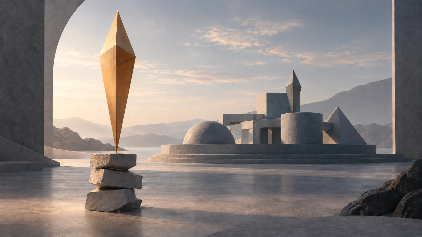 A tall golden form balances on an unstable stack of stones, while a smaller matte form stands securely on a broad, coherent foundation.