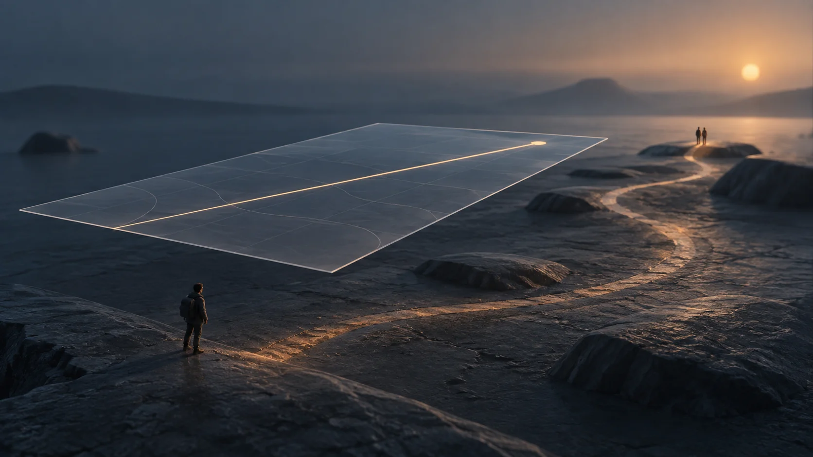 A simple straight route on a translucent map hovers above a winding path leading toward two people in the real landscape.