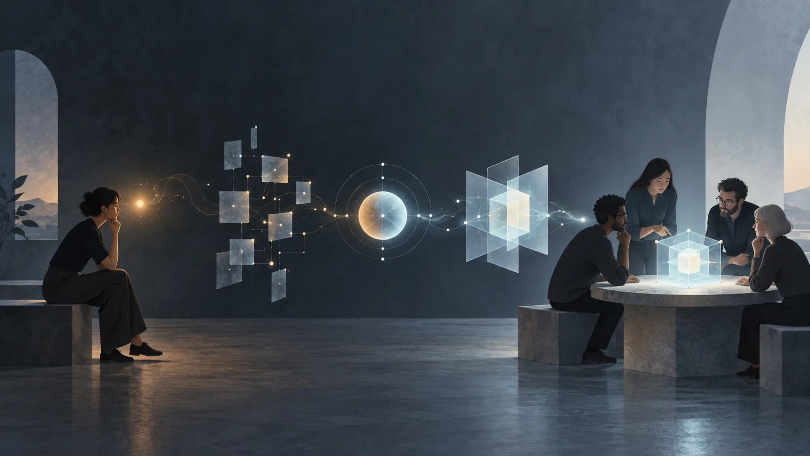 A private, ambiguous signal is transformed through structured reasoning and synthesis into a clear representation that a group can inspect together.