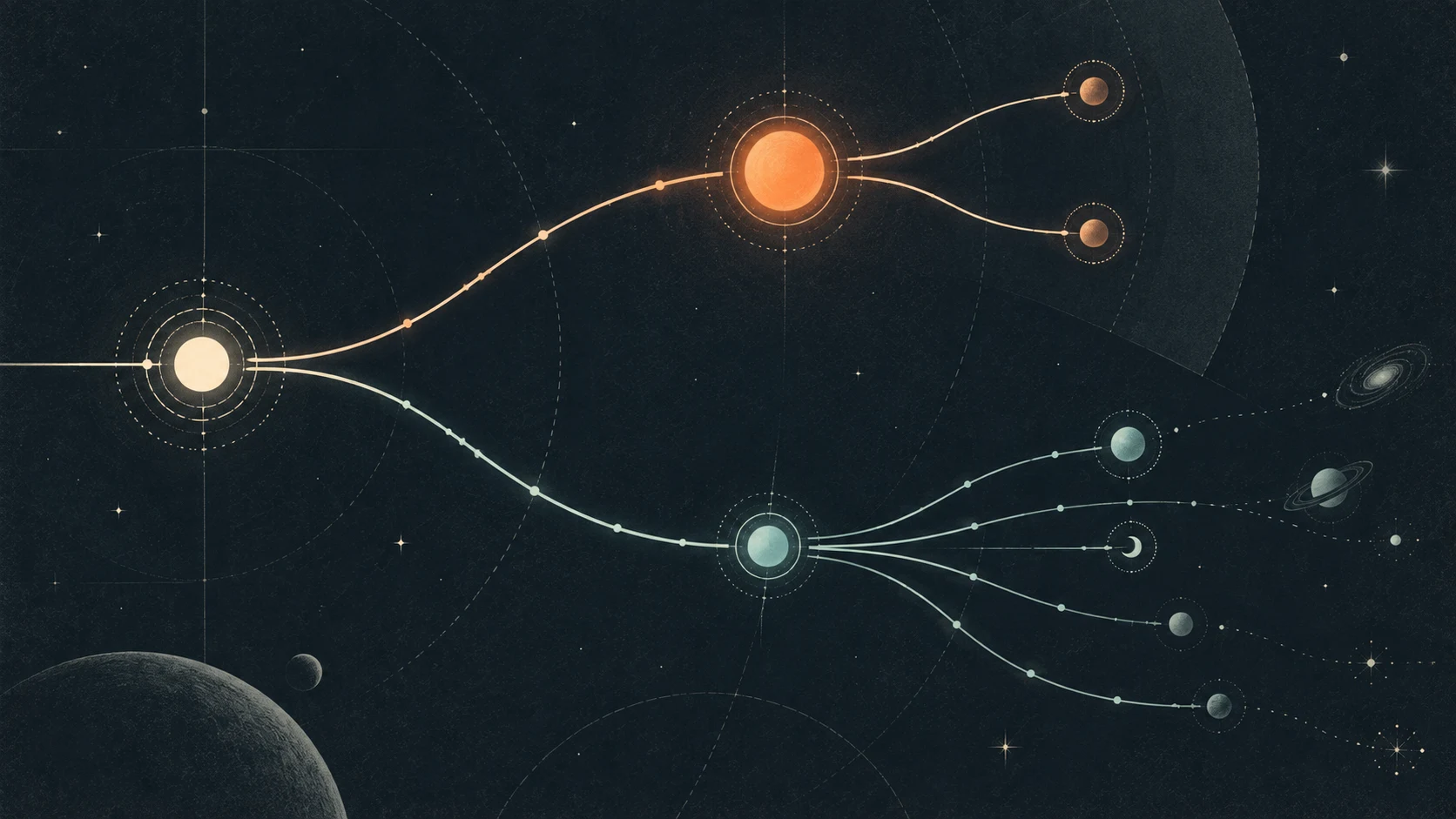 Two paths diverge from the same starting point: one reaches a bright immediate reward but only two future destinations, while the other preserves several branching possibilities.