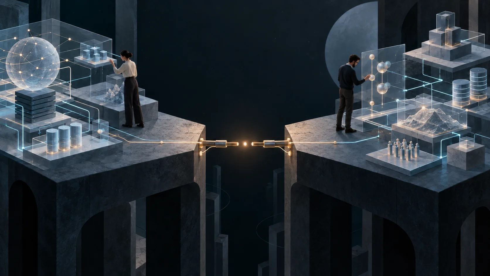 Two specialists work within separate, coherent systems while an incomplete glowing connection between their domains remains unnoticed.