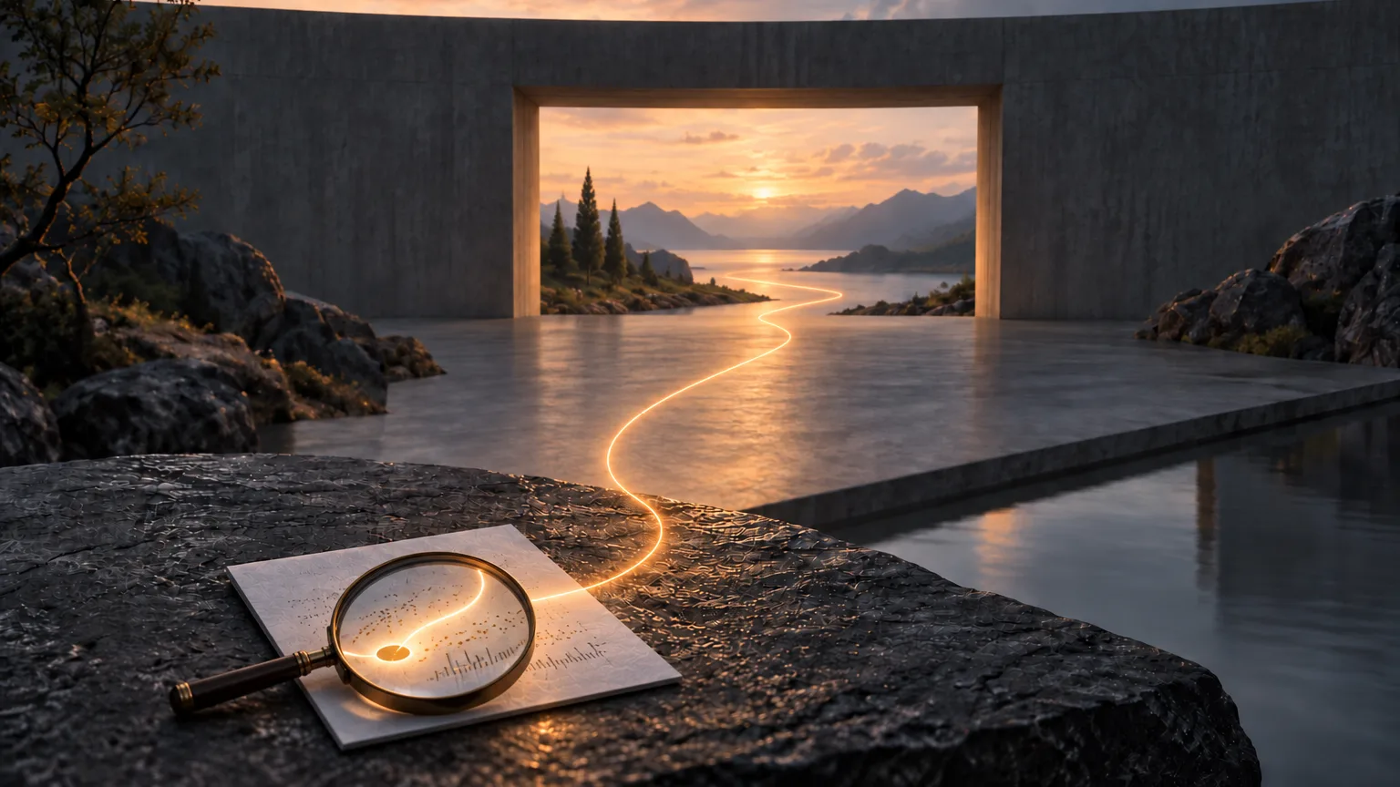 A magnifying lens focuses on a result in a report while the same illuminated line continues through an opening toward a distant landscape.
