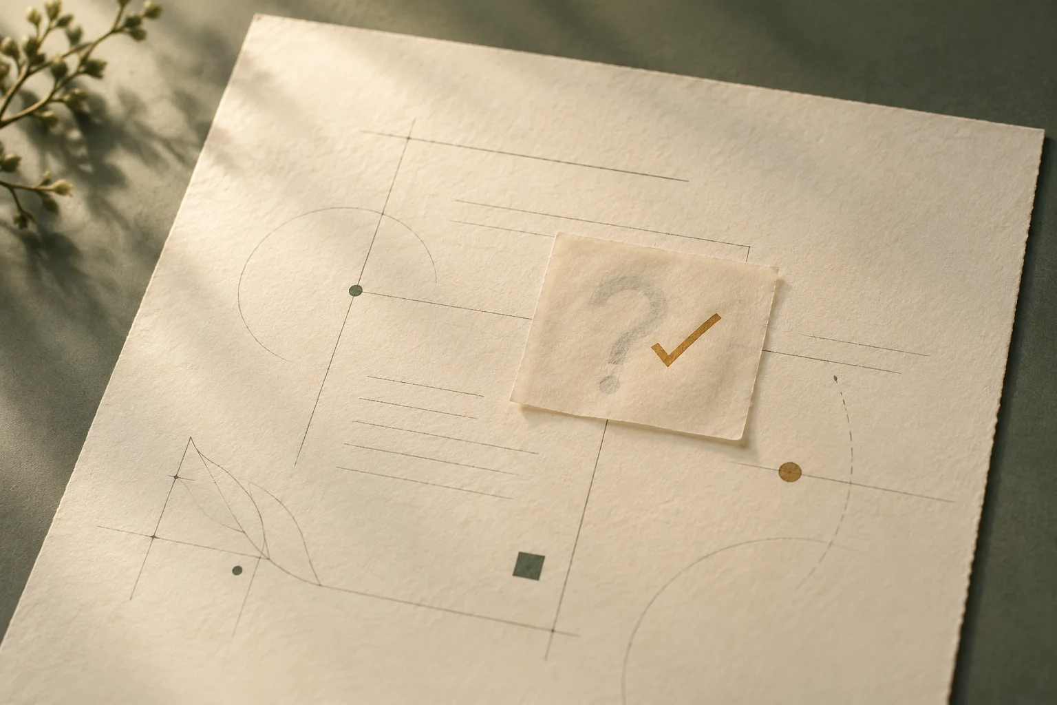 A translucent patch places a confident check mark over an unresolved question on a document; the question remains visible underneath.
