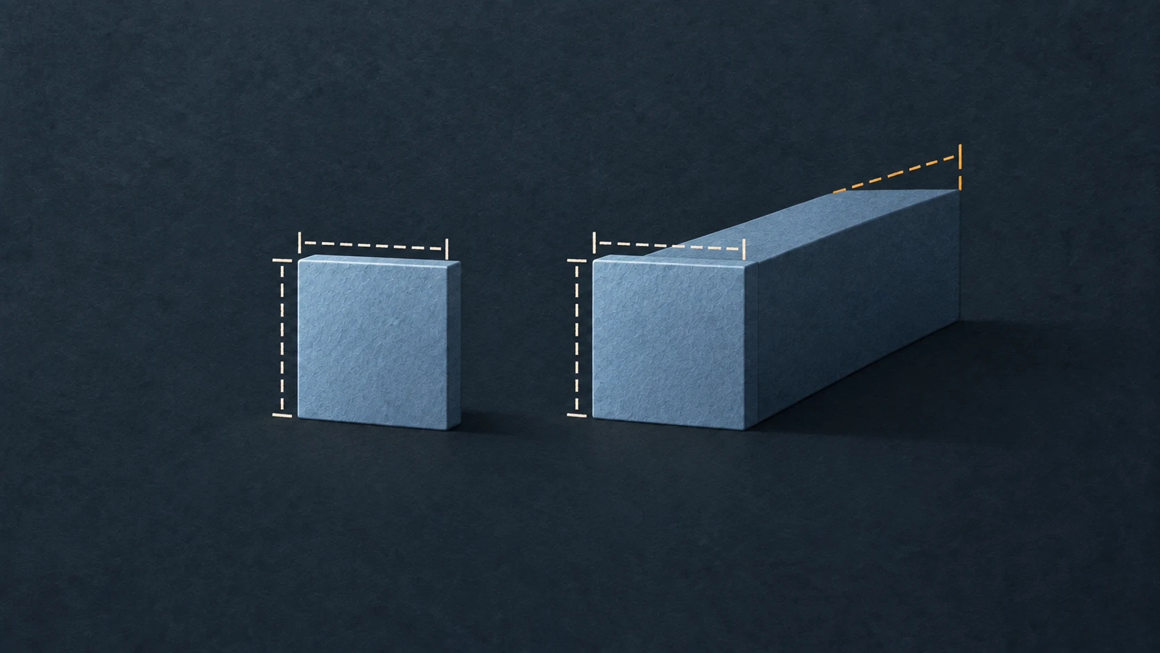 Two three-dimensional forms share the same measured height and width, while one extends much farther in an unmeasured depth.