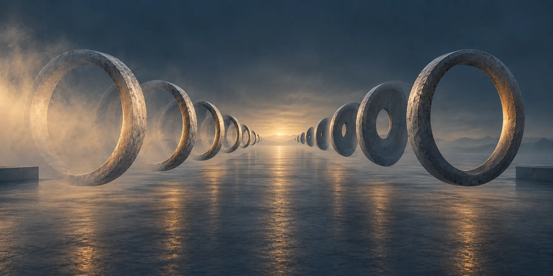 Two parallel sequences of stone rings move toward the same horizon, one emerging from haze while the other narrows.