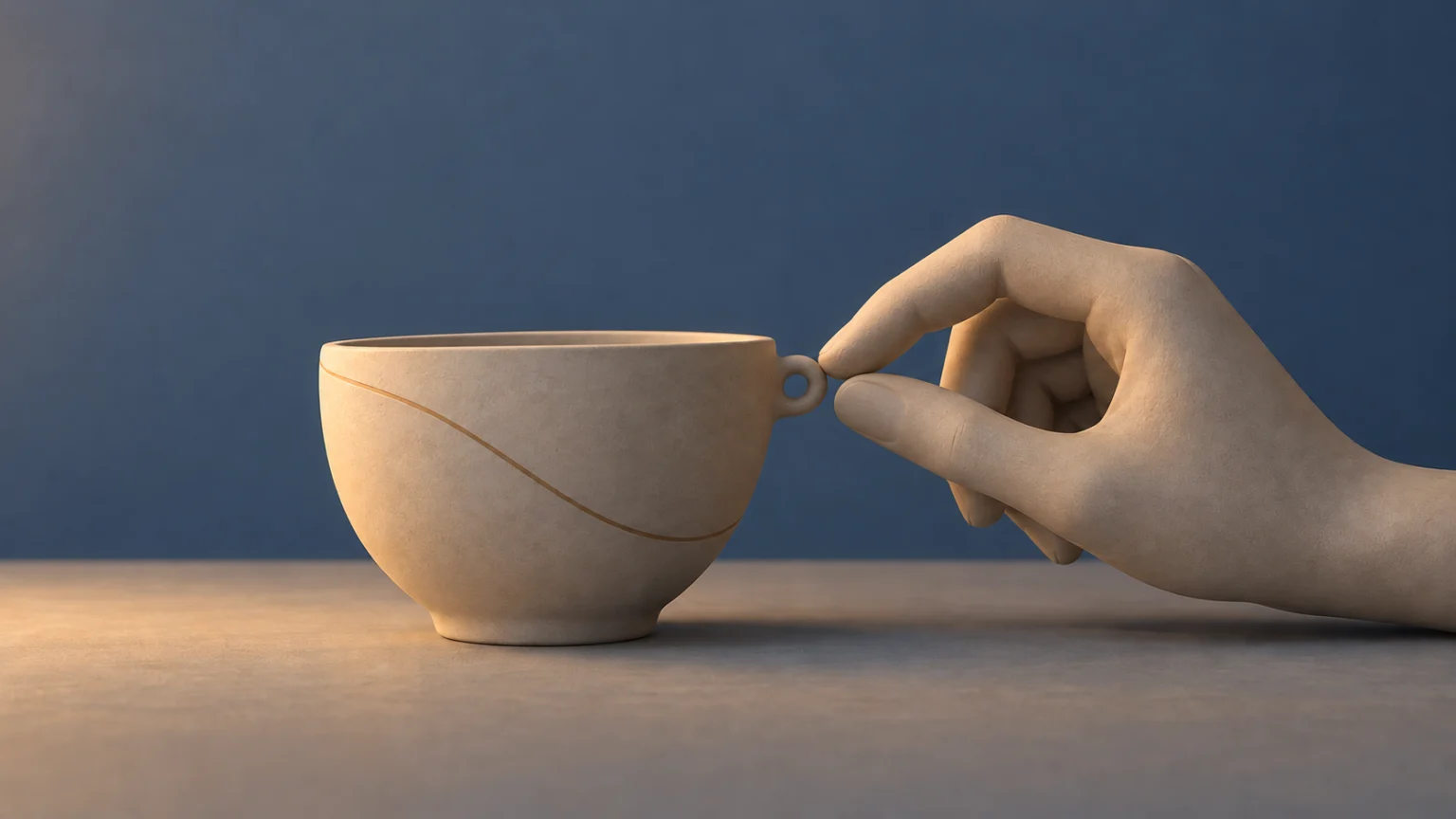 A hand tries to grasp the tiny handle of a carefully made cup, revealing a difficulty only visible in use.