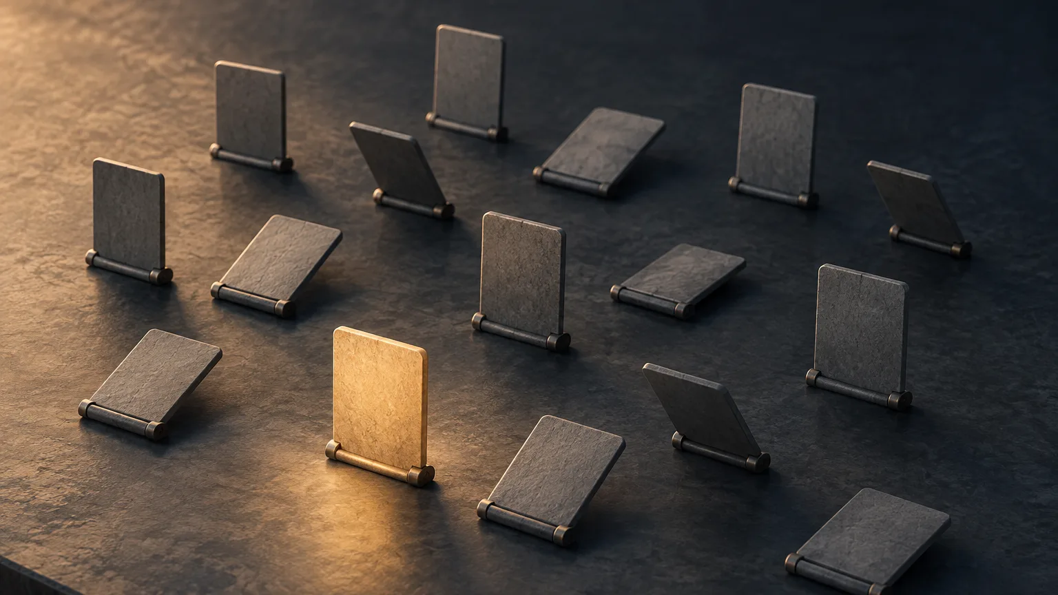 A field of hinged panels, some upright and others flipping down, with one panel picked out by warm light.