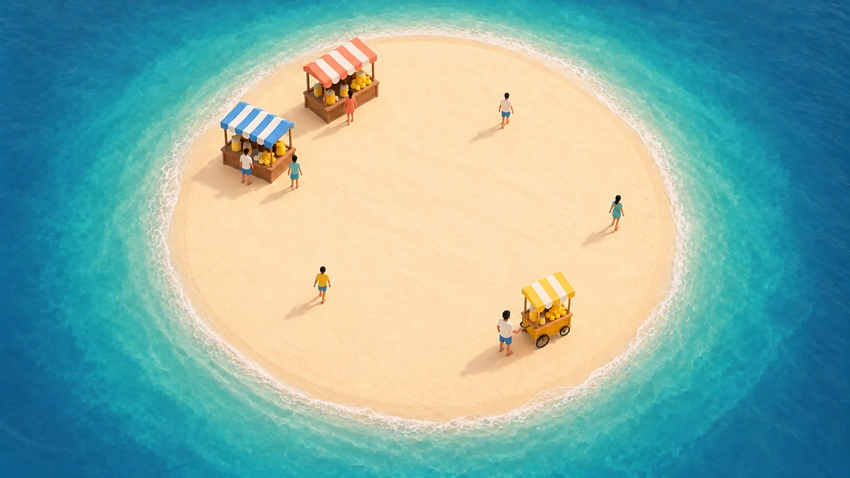 Overhead view of a circular beach with two lemonade stands set up close together while a third vendor holds a cart across the open sand.